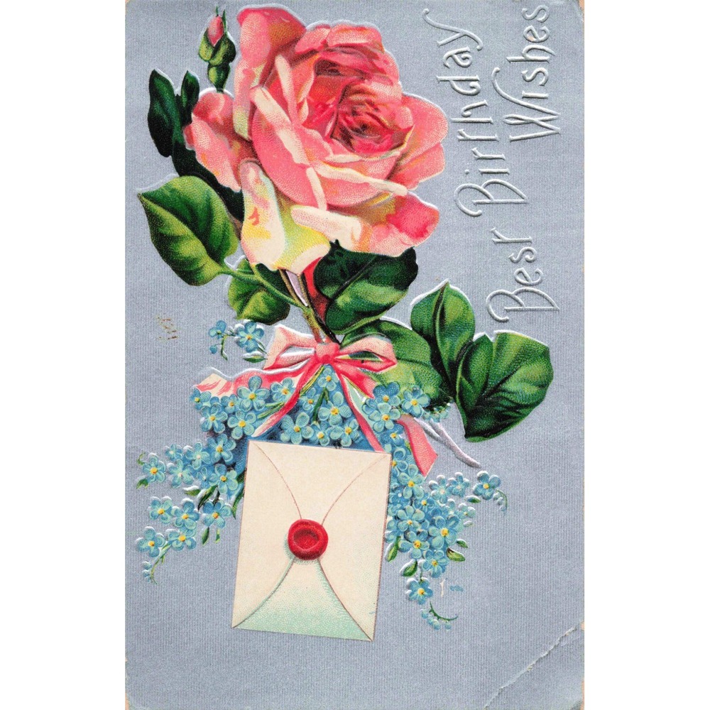 Vintage Best Birthday Wishes Embossed Postcard Pink Rose Forget-Me-Nots B67 - Picture 1 of 2